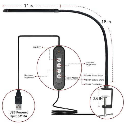 Metal LED Desk Lamp with Clamp, 12W USB Powered Desk Light, 18" Flexible Gooseneck, 3 Color Modes, 10 Brightness Levels, Eye-Caring Lamp for Study, Reading, Work, Home Office, Black