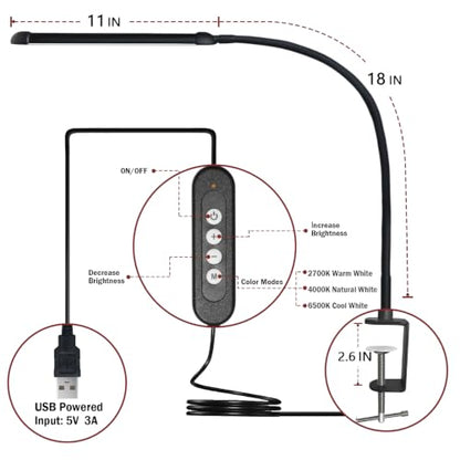 Metal LED Desk Lamp with Clamp, 12W USB Powered Desk Light, 18" Flexible Gooseneck, 3 Color Modes, 10 Brightness Levels, Eye-Caring Lamp for Study, Reading, Work, Home Office, Black