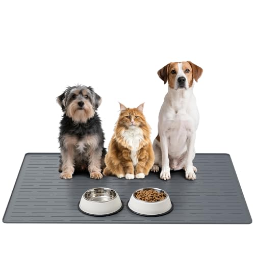 Large Dog Mats for Food and Water, 40"x30" Waterproof Pet Food Mats for Floor Nonslip Silicone Bowl Mats with Raised Edges - color: Gray, size: 40"L x 30"W