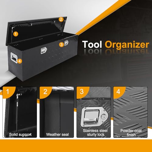 Black 48 Inch Truck Chest Tool box Heavy Duty Aluminum Stripes Plated Pick Up Truck Bed Box Waterproof RV Toolbox Storage with Side Handle and Lock Keys –48"x14"x16" - color: Black, size: 48"x14"x16"