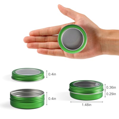 2 oz (60ml) Green Aluminum Tins with Clear Lids and Labels, 24 Pack | Clear View Lid, Secure Packaging, Tight Screw Lids, Includes Blank Labels, 11 Color Options - color: Green