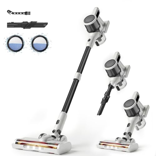 BSNAW Lightweight Cordless Stick Vacuum Cleaner with Battery - 45 Min Runtime, 8-in-1 Handheld for Pet Hair, Hard Floors & Carpets, Powerful Suction, White