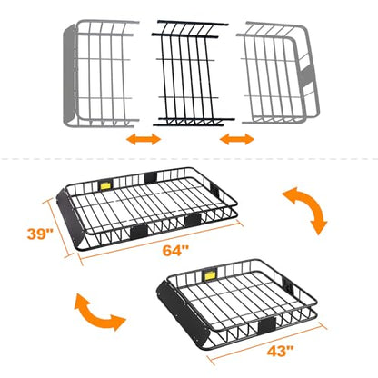 XCAR Roof Rack Basket Rooftop Cargo Carrier with Extension Black Car Top Luggage Holder 64"x 39" Universal for SUV Cars - size: Roof Rack