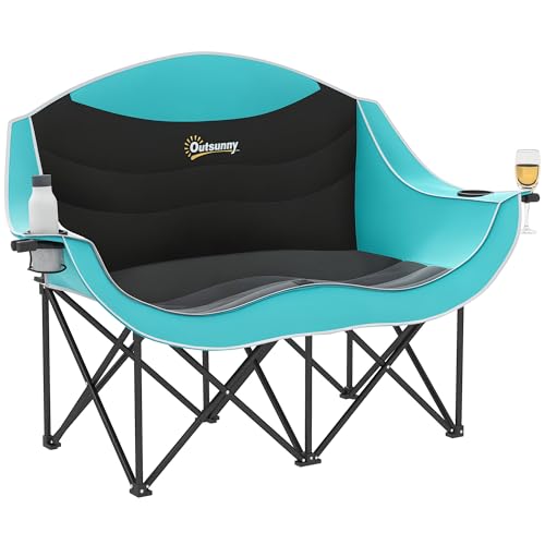 Outsunny Double Camping Chair for Adults, Padded Folding Camp Chair for 2 Person with Armrest, Wine Glass Holder, Cup Holder, Carry Bag for Outdoor Sports, Picnics, Supports up to 552 lbs. - color: Green and Black/Double