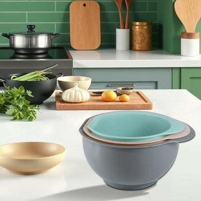 Nesting Plastic Mixing Bowls, Set Of 3, 1.5 quart, 2 quart, 2.5quart, Nesting Bowls with Non Slip Base and Easy Pour Spout, Dishwasher Safe (Green Pink Grey) - color: Green Pink Grey