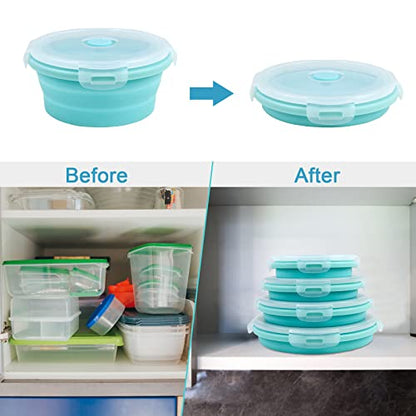 Guyuyii Collapsible Bowls with Lids 4 PC Food-Grade Silicone BPA-Free | Round Nesting Set for Camping, RV Travel, Kitchen Storage | Easy Cleaning, Compatible with Freezer, Microwaves, Dishwashers - color: blue round
