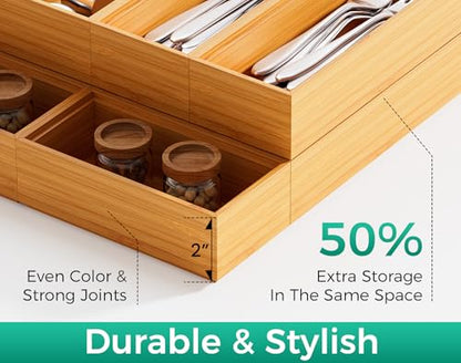 Bamboo Kitchen Drawer Organizer Set of 2, Stackable 15" x 6" Wood Silverware Utensil Tray for Drawers Bins, Cutlery & Flatware Storage – Wooden Boxes Organizers for Junk Drawer, Bathroom, RV - size: 15" x 6" x 2"