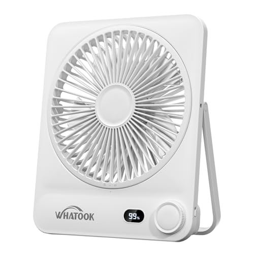 WHATOOK Large Travel Desk Fan: 10000mAh Battery 40 Hours Runtime Silent Rechargeable Fans, Quite Personal Portable Fan for Camping Bedroom Office Small Desktop fan (8.3 * 7.1inch Black) (Ivory White) - color: Ivory White