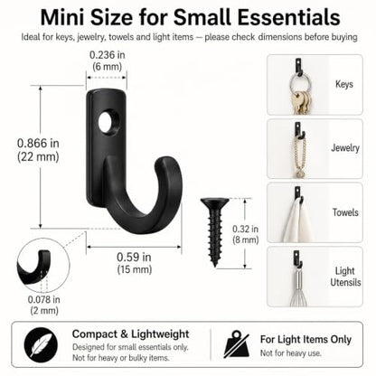 58 Pieces Key Hooks, Black Small Hooks for Hanging Hat, Jewelry, Steel Metal Hook, Kitchen Little Towel Hook with Black Screws for Farmhouse Retro Crafting Projects - color: 0.87"×0.59", Black