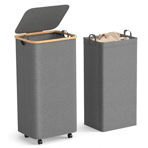 Yecaye 100L Large Capacity Laundry Hamper – Foldable Rolling Laundry Basket, Mobile Clothes Hamper with Wheels, Removable Inner Bag, Bamboo Handle Lid Laundry Bin – Multi-Use Storage,Grey