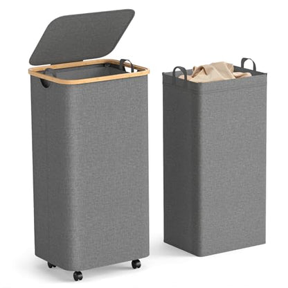 Yecaye 100L Large Capacity Laundry Hamper – Foldable Rolling Laundry Basket, Mobile Clothes Hamper with Wheels, Removable Inner Bag, Bamboo Handle Lid Laundry Bin – Multi-Use Storage,Grey