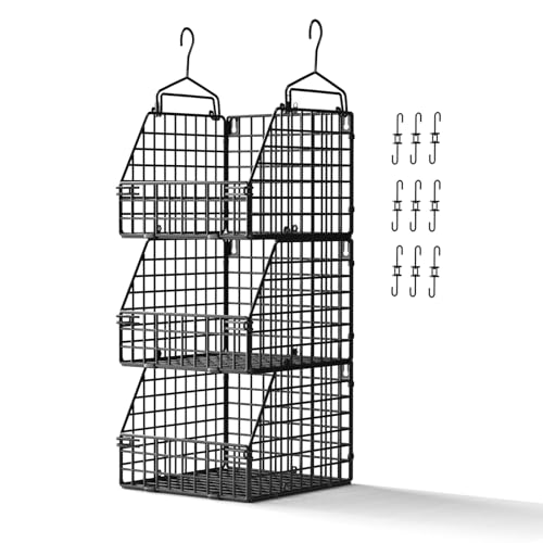 PUPPYCUTE Larger & Deeper Hanging Storage Basket, Closet Organizers and Storage, Hanging Shelves Wire Baskets for Clothing Sweaters Purse Handbags Shoes Black 3 Tier - color: Black-3pcs (Big)
