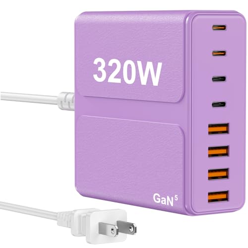 320W USB C Charger Block, 8-Port USB C Charging Station PD 65W PC Laptop Fast Charger Adapter for MacBookPro/Air,DELL,iPad,Portable Charging Station for iPhone,Samsung Galaxy (Purple) - color: Purple