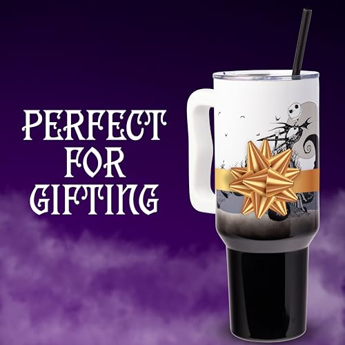 Silver Buffalo Disney Nightmare Before Christmas by Tim Burton Jack Skellington Hill and Moon Double Walled Stainless Steel Tumbler with Handle and Straw, Fits in Standard Cup Holder, 40 Ounces - color: Nightmare Before Christmas Hill and Moon Scene
