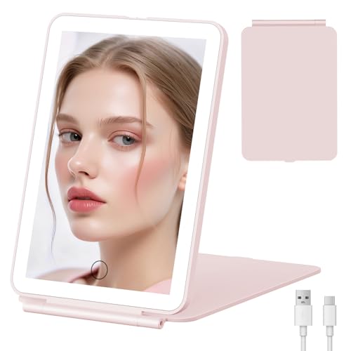 FUNTOUCH Rechargeable Travel Makeup Mirror with Light, 2000mAh Portable Makeup Mirror with 3-Color Lighting, Dimmable Touch Screen, Tabletop LED Folding Cosmetic Compact Vanity Mirror - color: Pink-a