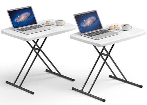 30 Inch Folding Table Set of 2, Adjustable Height TV Tray for Small Spaces, Heavy Duty Foldable Utility Table for Laptop, Dining, Camping, No Assembly, 200 lbs Capacity, White Granite - color: White, size: 30 Inch-2pack