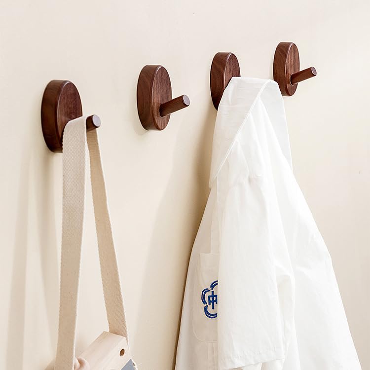 Wooden Wall Hooks 4 Pack Walnut Brown Adhesive for Hats Towels Coats | Solid walnut, Splinter free, No drill 3M adhesive & sealant, Rustic farmhouse, For entryway bathroom bedroom closet