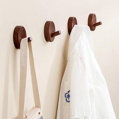 Wooden Wall Hooks 4 Pack Walnut Brown Adhesive for Hats Towels Coats | Solid walnut, Splinter free, No drill 3M adhesive & sealant, Rustic farmhouse, For entryway bathroom bedroom closet