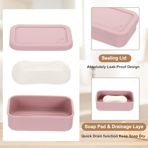 PATIKIL Leakproof Travel Soap Case, Silicone Travel Soap Container with Draining Layer Portable Bar Soap Holder for Bathroom Camping Gym, Pink - color: Pink