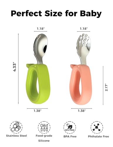 Toddler Utensils, Stainless Steel Baby Forks and Spoons Set with Silicone Handle, Kids Silverware with Portable Storage Case, Baby Feeding Essentials, Dishwasher Safe (Green+Pink) - color: Green+Pink