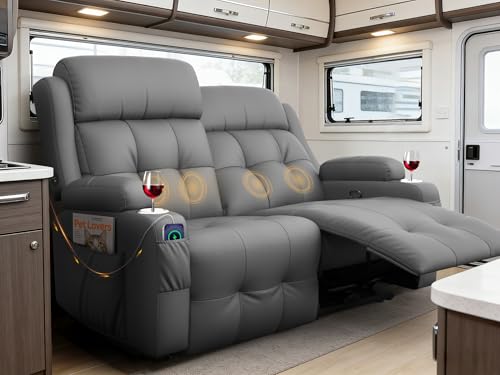 Reclining Loveseat, 55.1" RV PU Leather Wall Hugger Recliner Love Seats Sofa with Charging Station, Removable Armrest, Cup Holder, Double Recliners Couch, Manual Love Seat for Living Room - color: Dark Gray, size: Hera - Loveseat