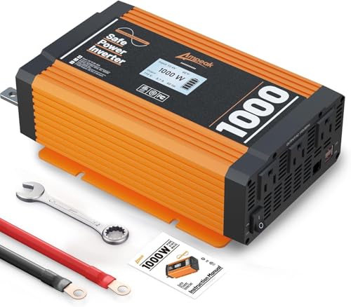 Ampeak Pure Sine Wave Inverter 1000W ETL Certified Power Inverter DC 12V to AC 120V 4.8A USB Ports 3AC Outlets for Hurricanes, Power Outages- 17 Protections | 2000W Surge Peak, 3 AC Outlets, 4.8A USB, LCD Display, 17 Protections, RV Home Camping - style: