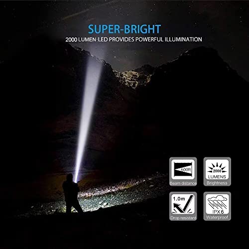 Hoxida LED Tactical Flashlight Rechargeable, IPX6 Waterproof Flashlight, 2000lm, Super Bright LED, Zoomable, Pocket-Size Small LED Flashlight for Hiking, Camping, Emergency - color: rechargeable flashlight