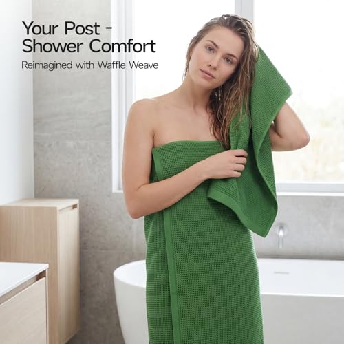 REDKISS 100% Cotton Waffle Weave Bath Towels 4 Piece - 27.5x55 Inches| Lightweight, Quick Dry & Highly Absorbent,Perfect for Spa, Gym, Travel, Guest Bathroom-Green - color: Green
