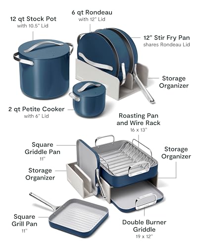 Caraway 31-Piece Ceramic Cookware Bundle - Fry Pans, Saucepans, Sauté Pan, Dutch Oven, Petite Cooker, Stir Fry, Rondeau, Stock Pot, Grill & Griddle Pans, Roasting Pan, Racks, Organizers - Navy - size: 31pc Set