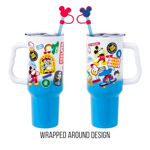Silver Buffalo Disney Mickey and Friends Featuring Donald Duck, Daisy Duck, Minnie Mouse, Mickey Mouse, Goofy, and Pluto Stainless Steel Tumbler with Straw Cover, Lid, Straw, and Handle, 40 Ounces - color: Mickey and Friends