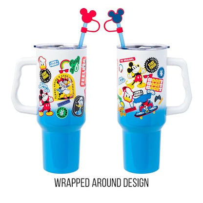 Silver Buffalo Disney Mickey and Friends Featuring Donald Duck, Daisy Duck, Minnie Mouse, Mickey Mouse, Goofy, and Pluto Stainless Steel Tumbler with Straw Cover, Lid, Straw, and Handle, 40 Ounces - color: Mickey and Friends