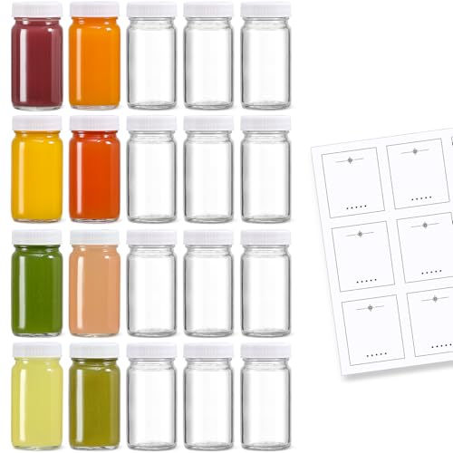 20 Pack 2 oz Glass Shot Bottles w/ White Lids & 20 Labels - Small Clear Jar for Ginger, Wellness Shot, Juice, Sample, Whiskey - Travel Essentials Mini Bottles - Wide Mouth, Leakproof, Dishwasher Safe - color: White Lid, size: 20 Pack