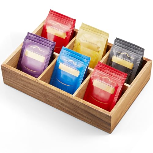 DRASTAR Tea Bag Organizer, Acacia Wooden Tea Bag Holder, Tea Storage Containers with 6 Slots, Sugar Packet Holder, Tea Bag Caddy Box for Countertop - color: Acacia, size: 6 Slots