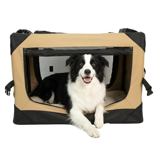 36 Inch Soft Collapsible Crate for Large Dogs, 4-Door Portable Foldable Soft Kennel with Chew Proof Mesh Windows for Indoor & Outdoor Travel Beige - color: Beige, size: 36.0"L x 25.0"W x 25.0"H