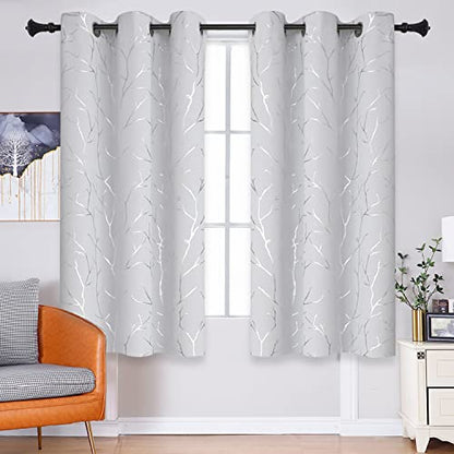 BUHUA Silver Tree Branches Printed Blackout Curtain 2 Pairs 45 Inches Length Blackout Small Window Curtains for Kitchen 38W x 45L, Greyish White - color: Greyish White, size: 38"W x 45"L (Pack of 2)