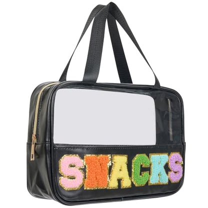 Snack Bags Chenille Letter Clear Makeup Bag Snacks Bags for Travel, Clear Snack Pouch, Preppy Cosmetic Bag, Sunscreen Bag, Travel Toiletry Pouches Cosmetic Pouch for Women and Girls - color: Black