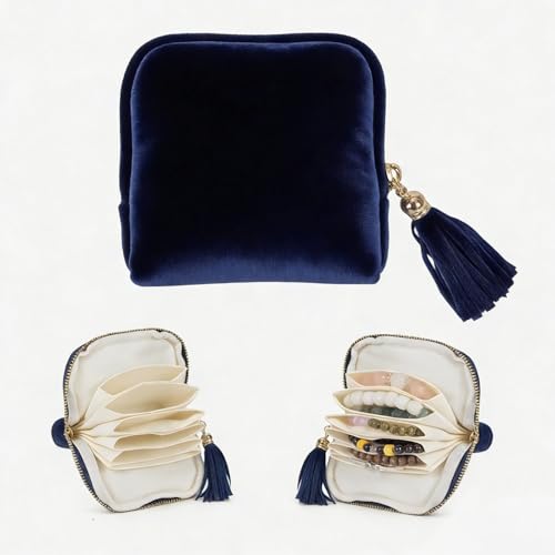 Travel Jewelry Case Small with Tassel Zipper, Soft Velvet Travel Jewelry Organizer Pouch for Necklaces, Rings and Earrings, Portable Multi Layer Jewelry Bags, Anti Tangle Storage (Deep Blue) - color: Deep Blue