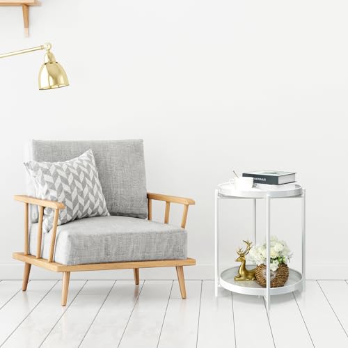 Danpinera 2 Tier Metal Side Table with Removable Tray - Round Accent Table, Anti-Rust White Nightstand for Bedroom, Balcony, Patio - color: White
