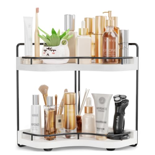 2-Tier Corner Bathroom Counter Organizer with Embedded Screw Holes, Secure & Stable Wood Vanity Shelf for Makeup and Skincare Essentials - Space Saving Bathroom Countertop Storage, White - color: White