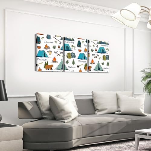 Erosebridal Happy Camping Framed Wall Decor Travel Camp Adventure Canvas Wall Art For Bedroom Bathroom Retro Camper Paintings Posters 3 Piece 12"X16" Wildlife Bear Hunting Cabin Pictures Prints - color: White Blue Green Brown