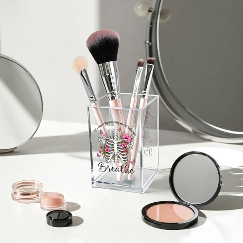 It's Okay Only Breathe Acrylic Cosmetic Pencil Pen Holder Cup, Skeleton Desk Organizer Accessories for Office, Inspirational Gifts for Women Girl Coworker Therapist Teacher Respiratory Doctor - style: Breathe B