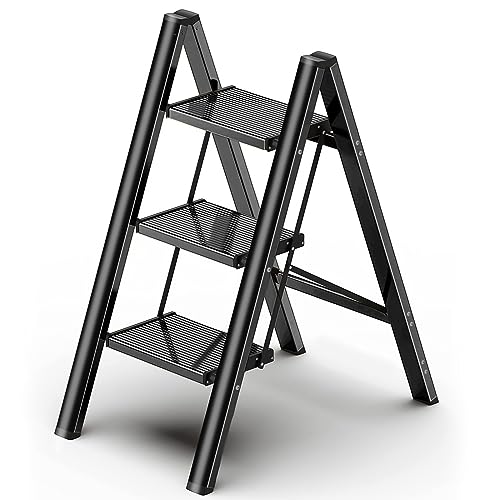 Foldable Step Ladder 3 Stepping Stool-Aluminium Kitchen Step Stools, Folding 330lbs Lightweight Ladders with Anti-Slip Wide Pedal, Portable Kids/Adults Ladder for Library, Closet, Black - color: Black, size: 3 Step
