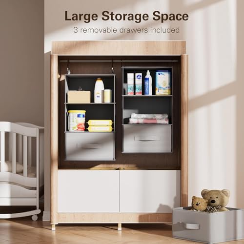 Pipishell 6-Shelf Hanging Closet Organizer with 2 Separable 3-Tier Shelves, 3 Drawers & Side Pockets Closet Organizers and Storage for Wardrobe Organization and Nursery Clothes Organizer, Gray