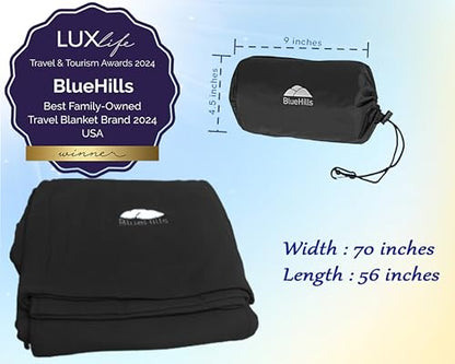 BlueHills Ultra Compact Travel Blanket Pillow in Portable Bag Case with Hand Luggage Belt & Backpack Clip Premium Cozy Soft Compact Pack Large Blanket for Airplane Flight Layover Black C003 - color: C003-black