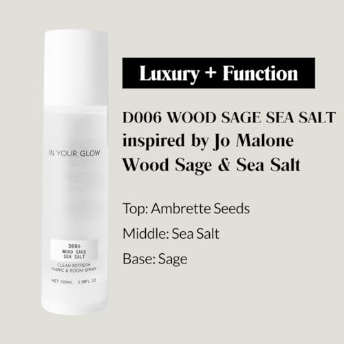 In Your Glow Fabric & Room Mist Spray– Long-Lasting Clean Scent, Unisex Luxury Fragrance & Odor Eliminator, 100ml- D006 WOOD SAGE SEA SALT