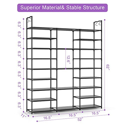 Kottwca Shoe Rack Organizer, Large Shoe Rack for Entryway Closet, Metal Shoe Shelf for Shoes and Boots, Big Non-Woven Fabric Shoe Storage Organizer with Hooks for Cloakroom, Black… - size: 3 Row 9 Tier-1