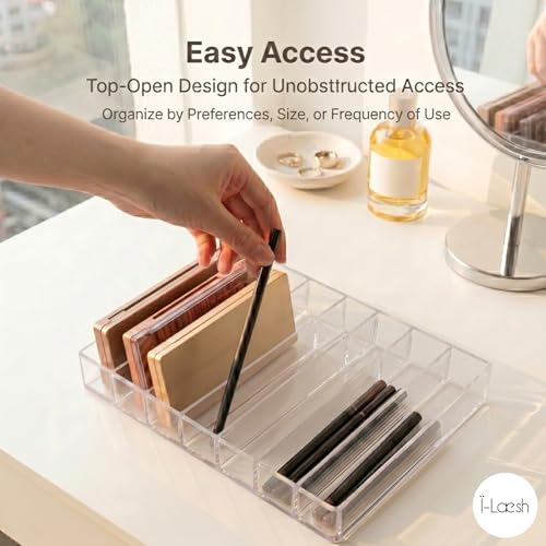 i-laesh 7-Slot Acrylic Makeup Palette Organizer - Clear Makeup Organizer 0.98" Wide Slots, Eyeshadow Holder for Vanity Drawer, Fits Thick Palettes, Blushes, CDs, Anime Badges & Craft Paints