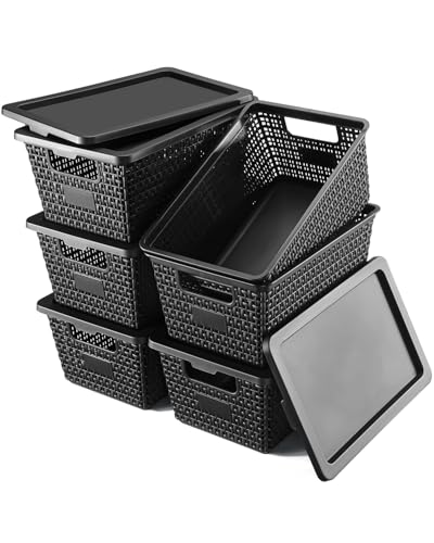 NUMIFUN Storage Bins with Lids, Set of 6, Stackable Woven Design, Black Plastic Containers with Easy Pull Handles, Interlocking Rim, Stackable Storage Boxes with Lids for Pantry, Closet - color: Black