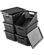 NUMIFUN Storage Bins with Lids, Set of 6, Stackable Woven Design, Black Plastic Containers with Easy Pull Handles, Interlocking Rim, Stackable Storage Boxes with Lids for Pantry, Closet - color: Black