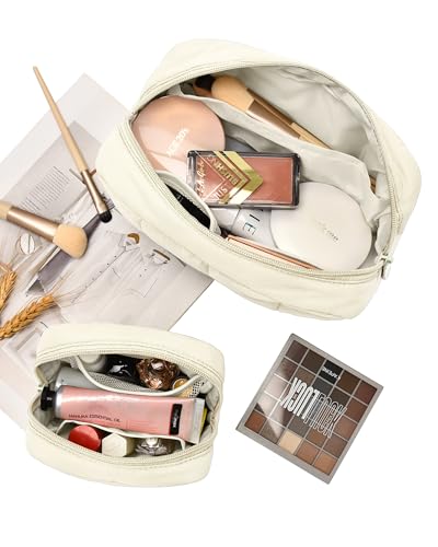 oscaurt 2 Pcs Makeup Bag Travel Toiletry Bag for Women Puffy Padded Cosmetic Pouch Purse Wide-open Makeup Organizer Case Travel Essentials - color: Beige-Set